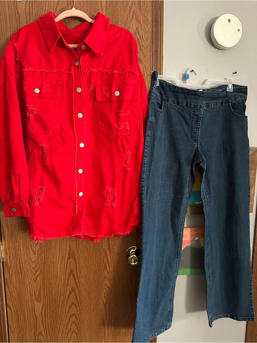 Bright Red Distressed Button-Up Shacket - Picture 2 of 3
